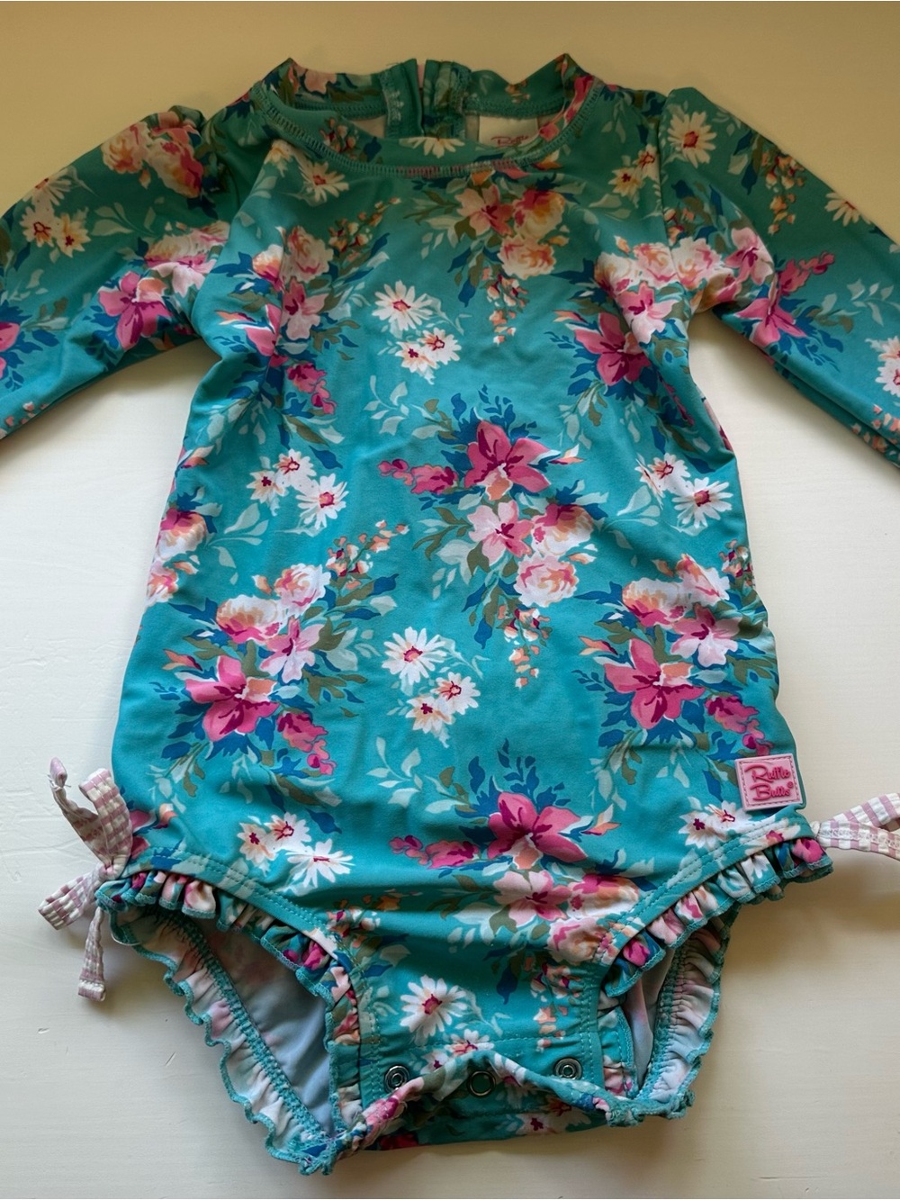 Ruffle Butts Floral Teal Long-Sleeve Baby Swimsuit
